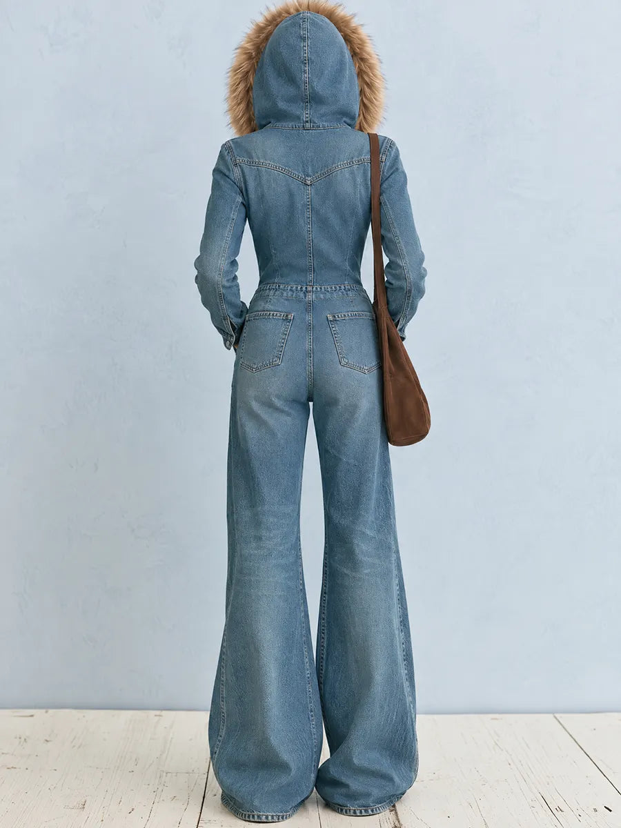 Hooded Star Patch Wide Leg Denim Jumpsuit