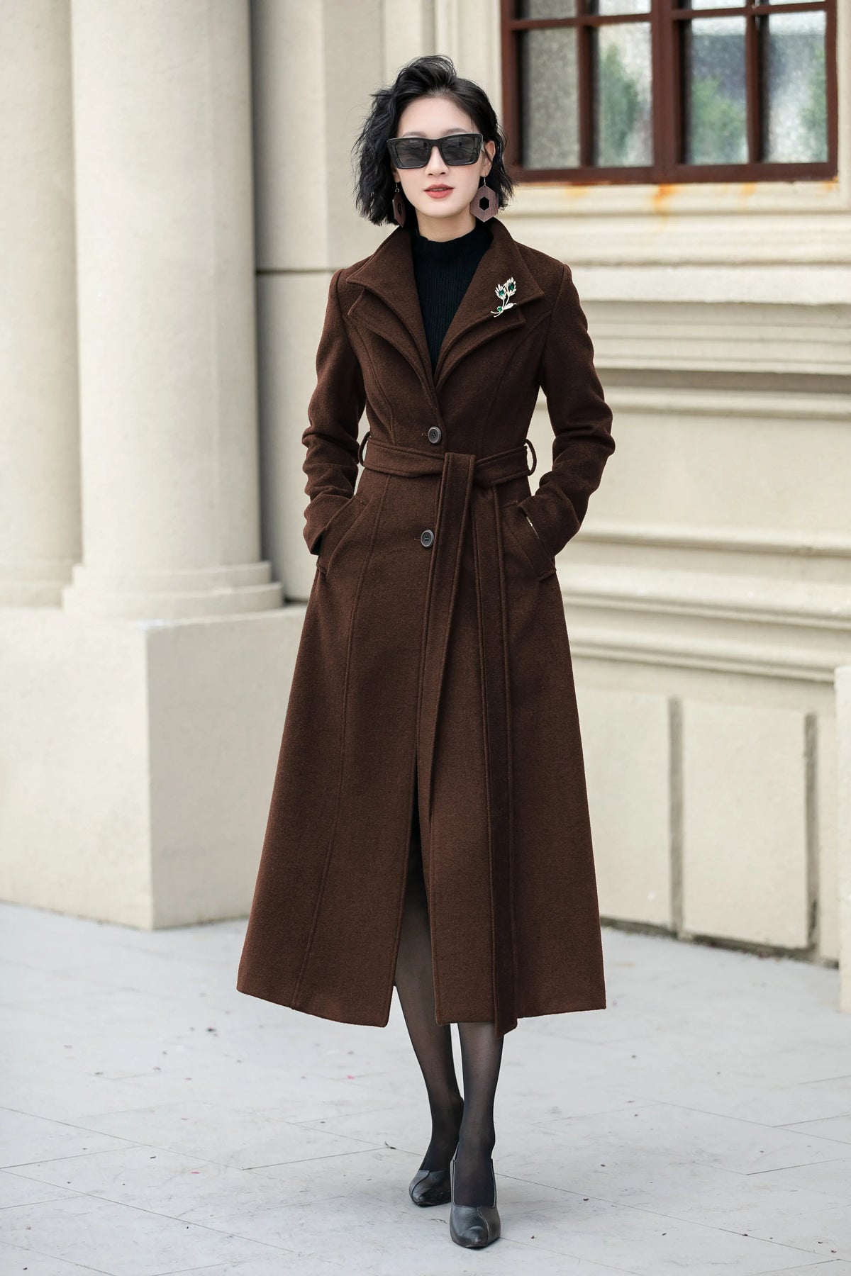 Brown Wool Midi Coat - Flared Silhouette with Fabric Belt 6306