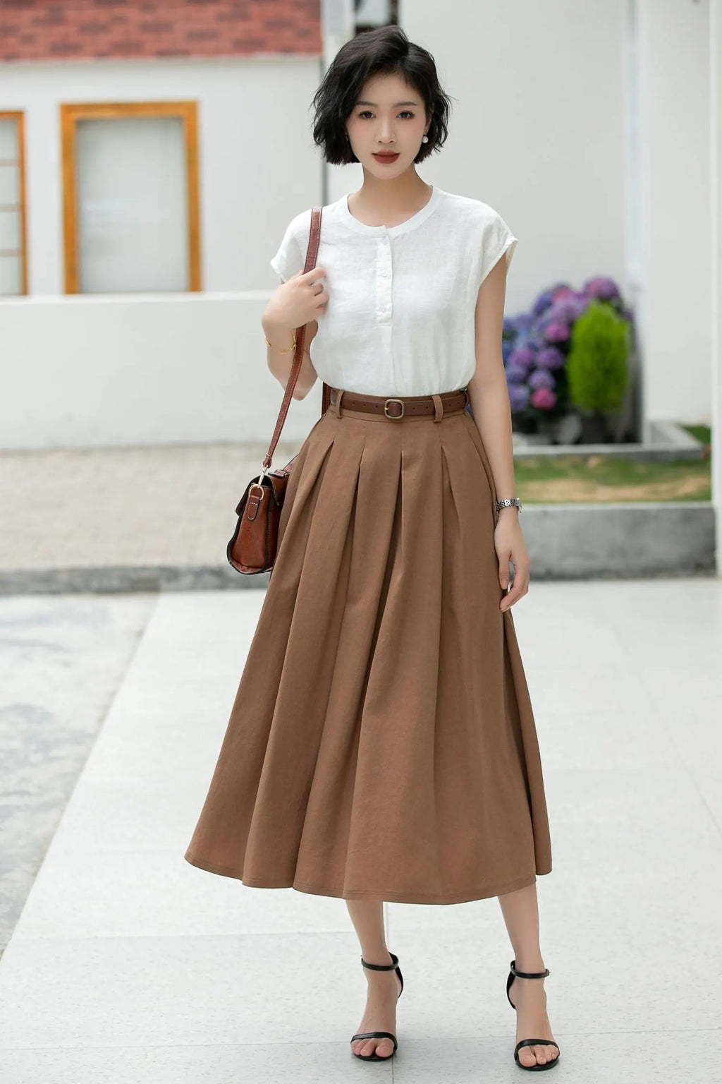 Coffee Linen Midi Skirt - Pleated A-Line with Belt Loops 5982