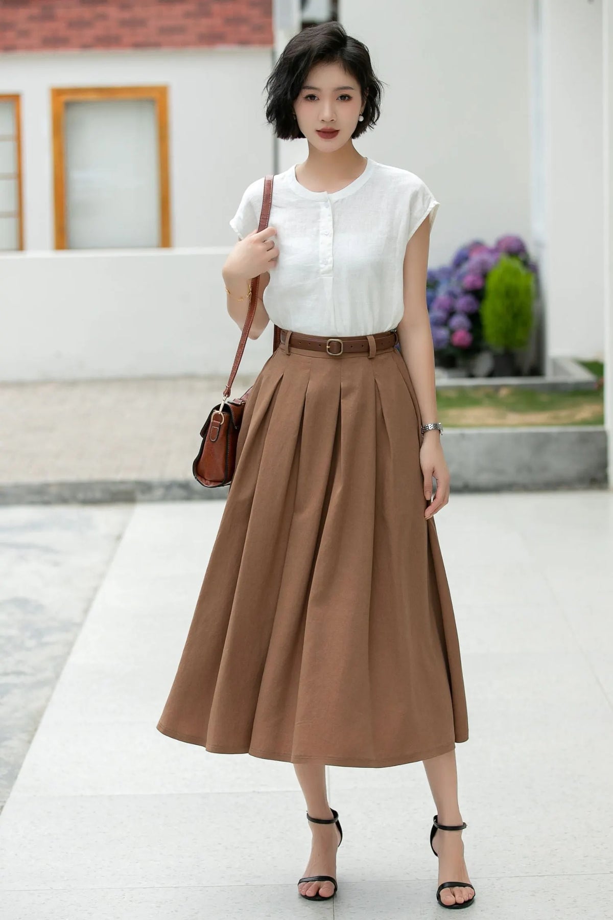 Coffee Linen Midi Skirt - Pleated A-Line with Belt Loops 5982