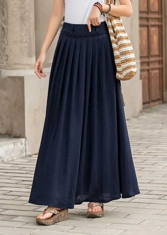 Blue Cotton Linen Maxi Skirt - High Waist Pleated Swing with Pockets 2847