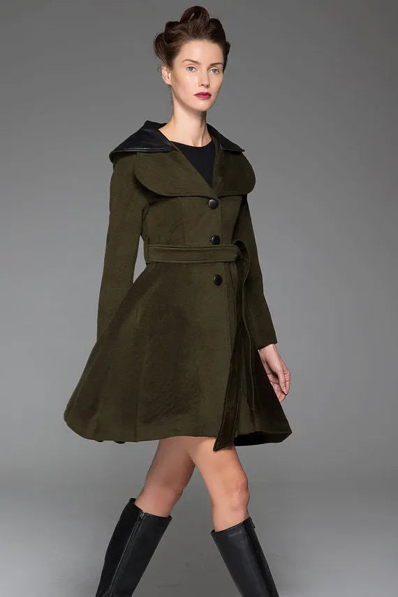 Vintage Wool Coat for Women – Handmade Olive Green Short Belted Winter Coat with Leather Lapel 