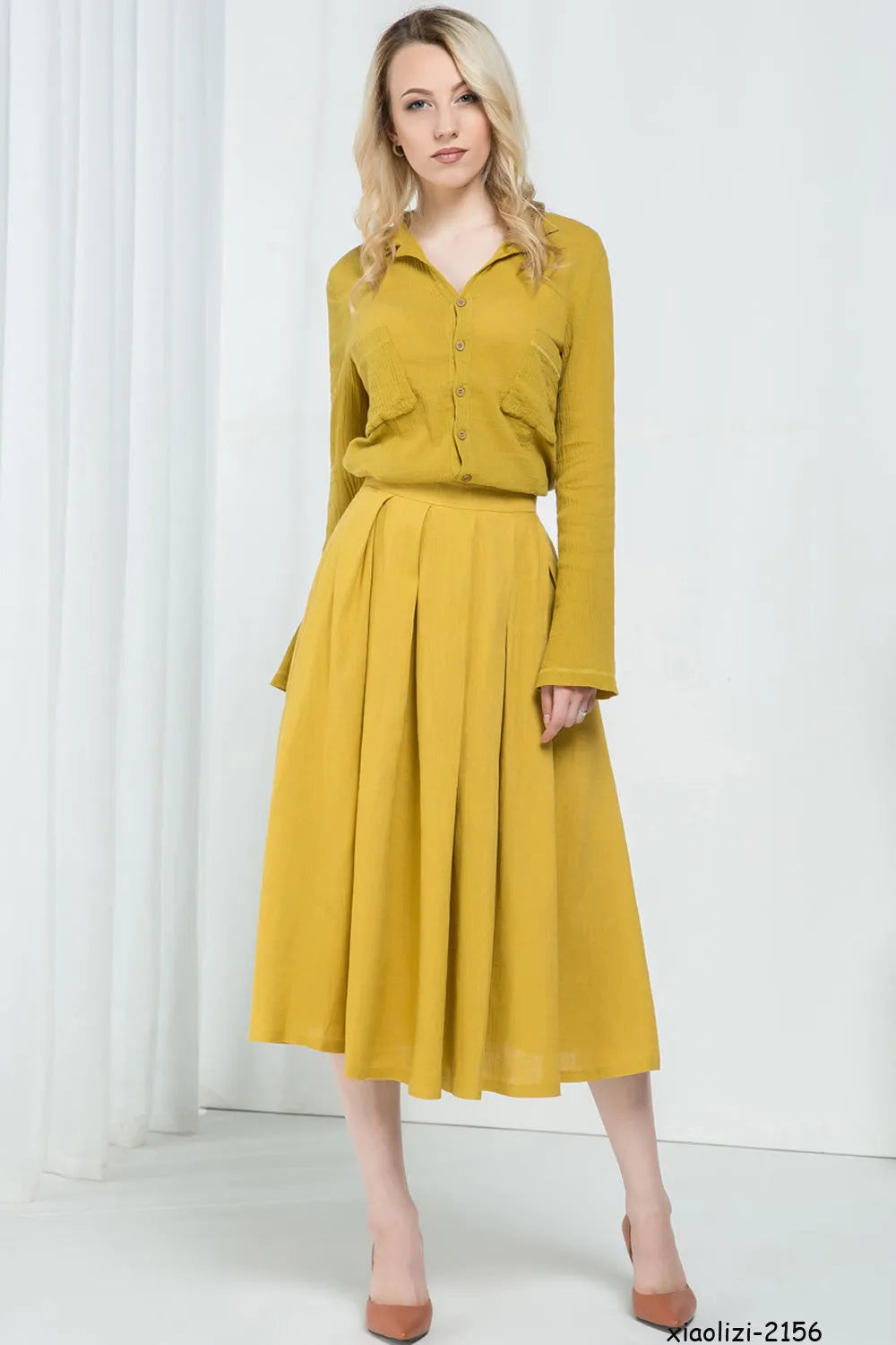 Blue Linen Cotton Blend A-Line Midi Skirt - Pleated Elegance 1591