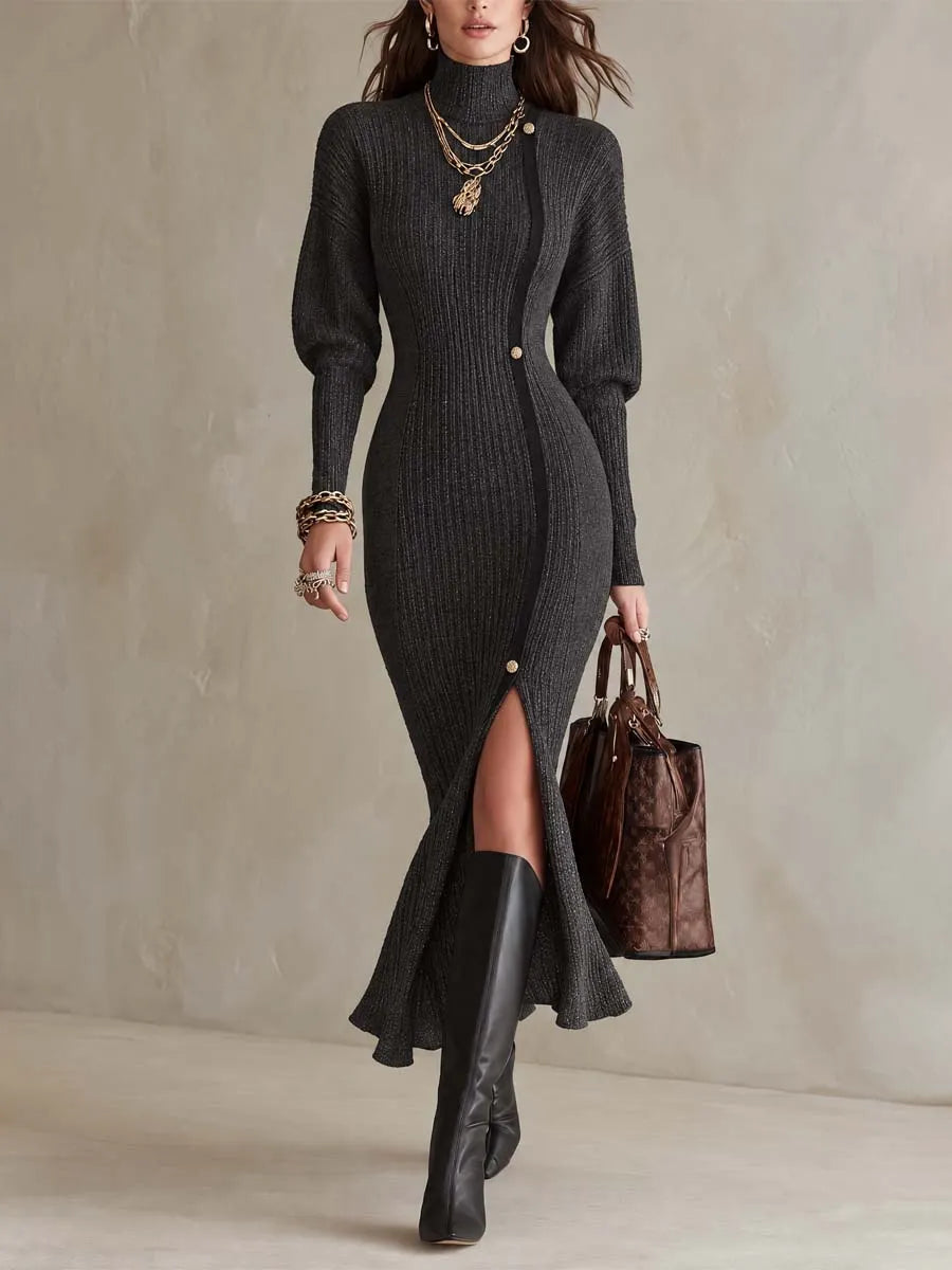 Women's Charcoal Ribbed Knit High-Neck Maxi Dress with Gold-Tone Buttons and Front Slit