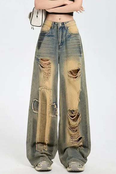 High Waist Distressed Wide Jeans