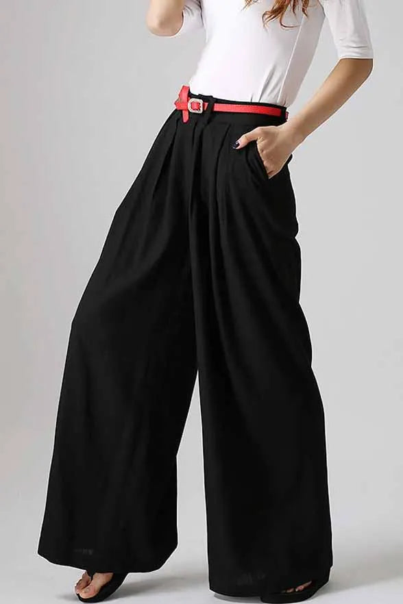 Black Linen Cotton Wide Leg Pants - Palazzo A-Line 