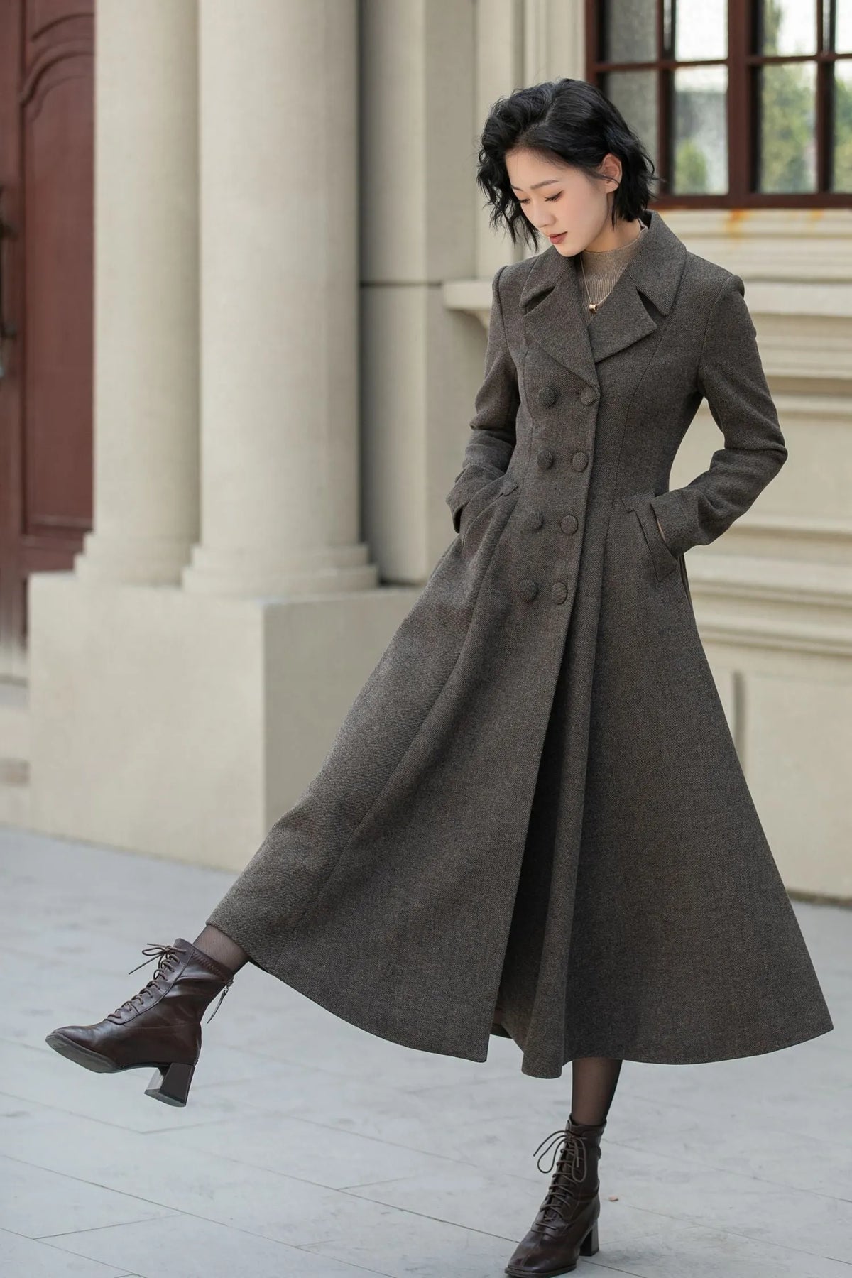 Chocolate Brown Wool Maxi Coat - Vintage Double-Breasted Fitted Waist 5460