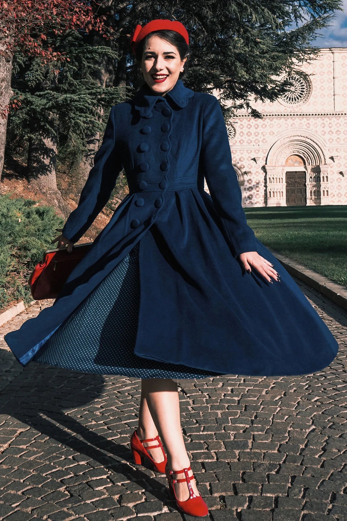 Handmade Navy Wool Coat – Vintage Fit & Flare Winter Princess Overcoat 3187