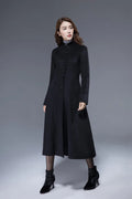 Handmade Vintage Black Winter Coat – Fitted Waist Flare Midi 