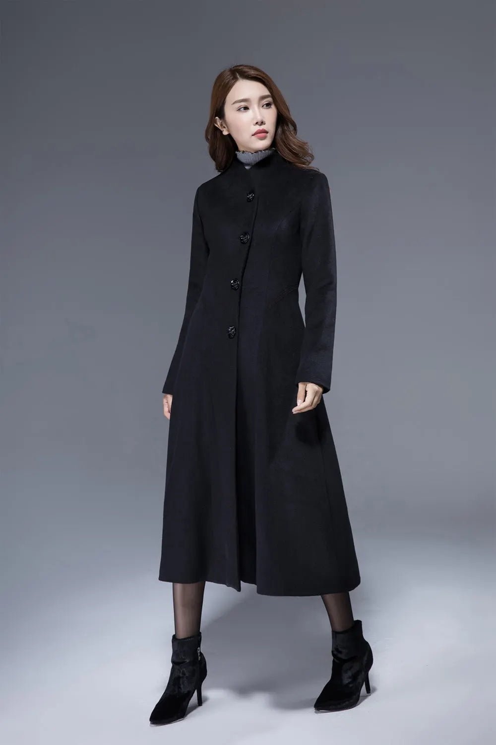 Handmade Vintage Black Winter Coat – Fitted Waist Flare Midi 