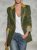 Vintage Equestrian Olive Green Suede Blazer With Contrast Trim And Striped Cuffs
