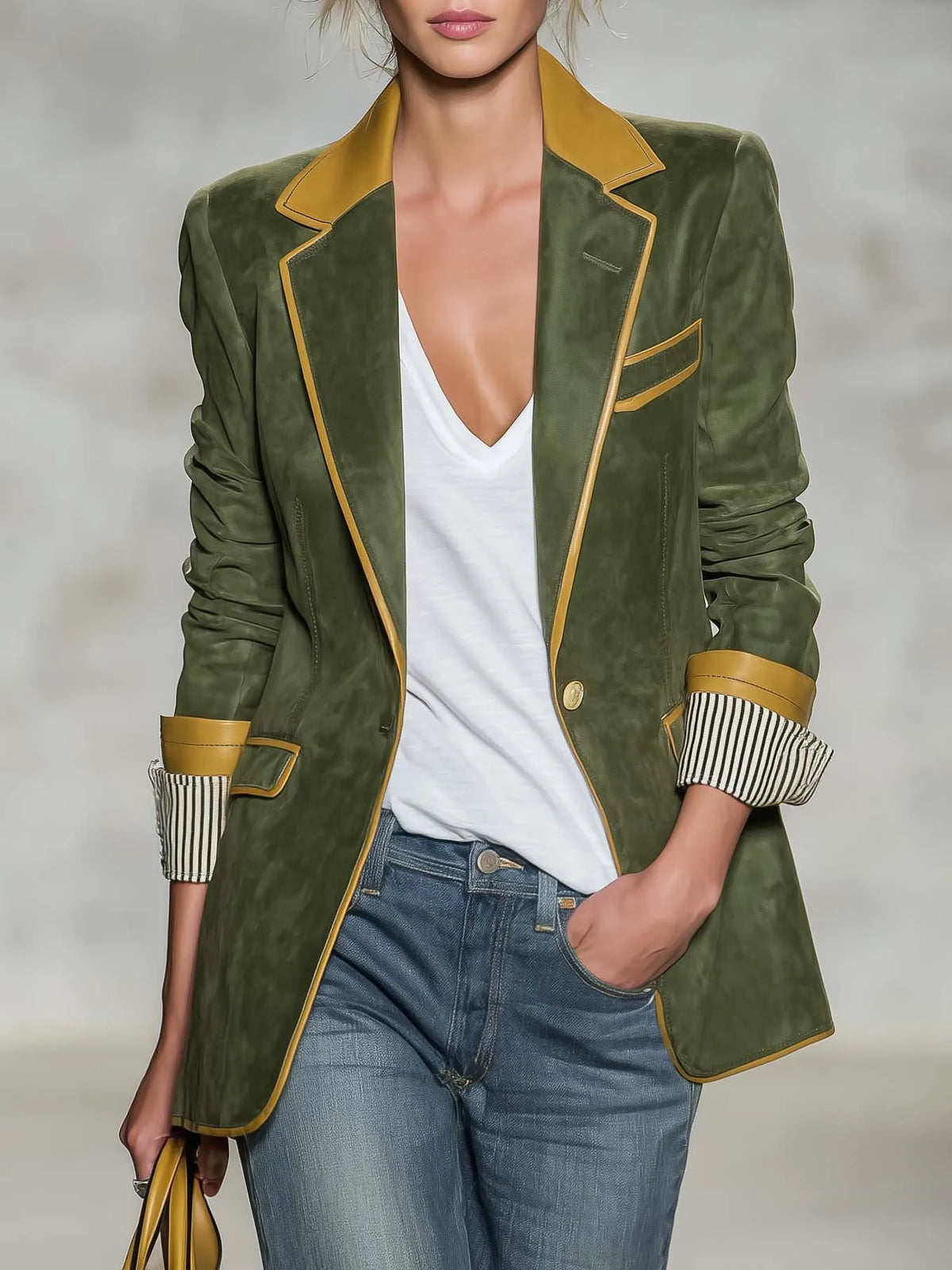 Vintage Equestrian Olive Green Suede Blazer With Contrast Trim And Striped Cuffs