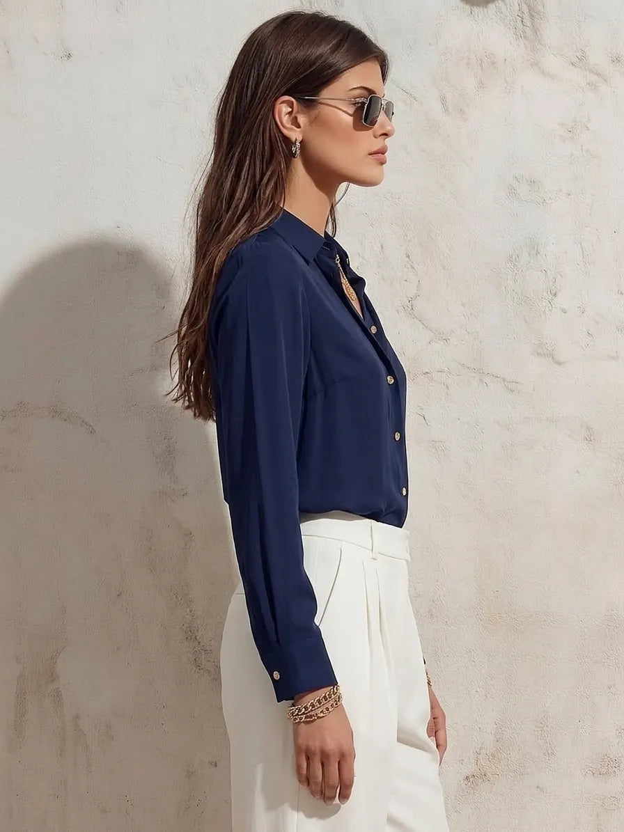 Nautical Riviera Navy Blue Matte Satin Long Sleeve Button Down Shirt