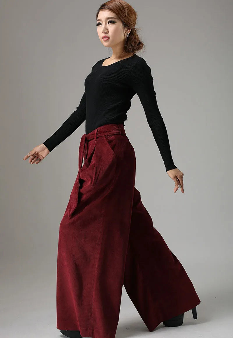 Red Cotton Corduroy Palazzo Pants - Wide Leg Ankle 