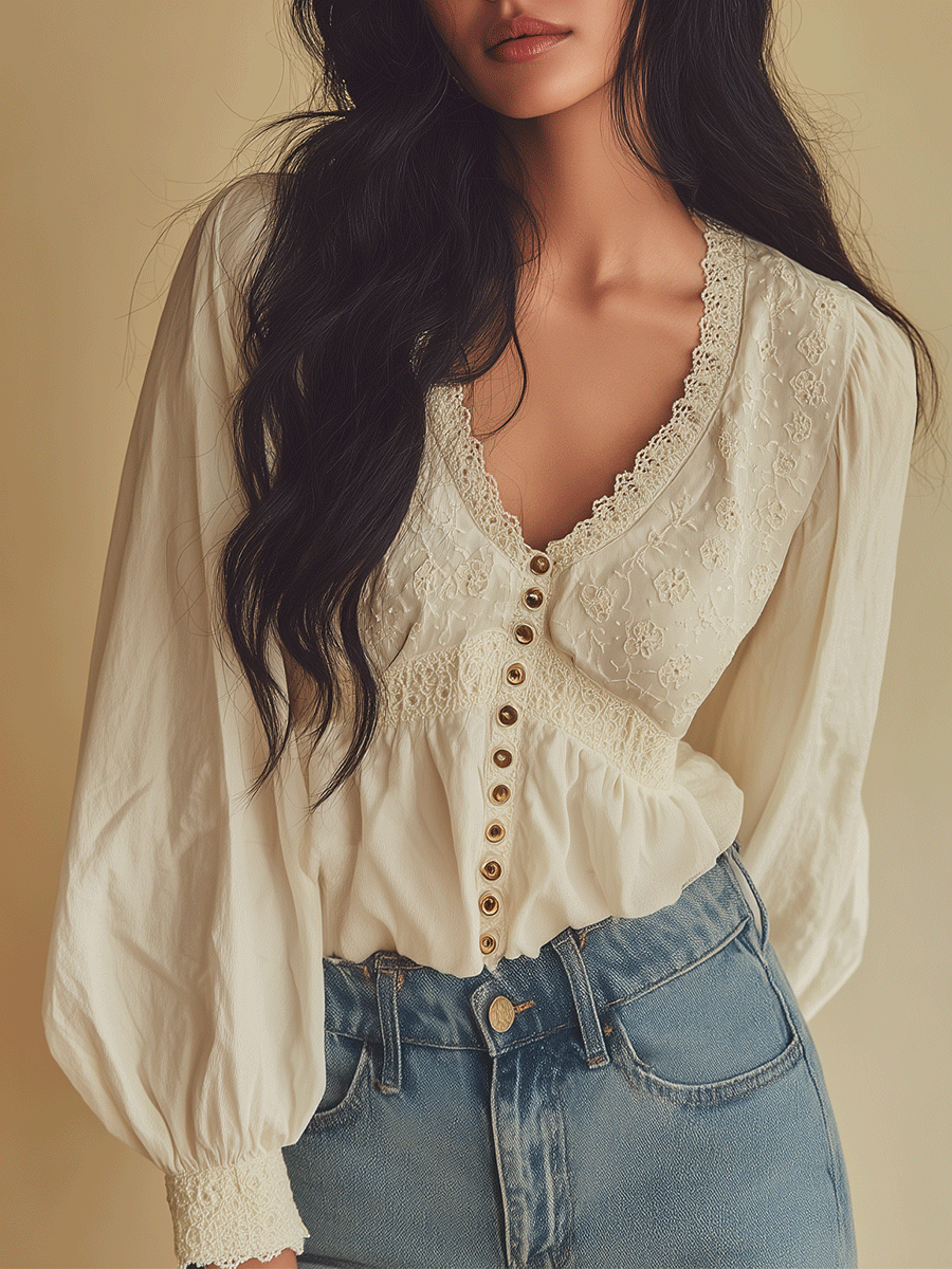 Romantic Ivory Lace Trim Button Front Blouse
