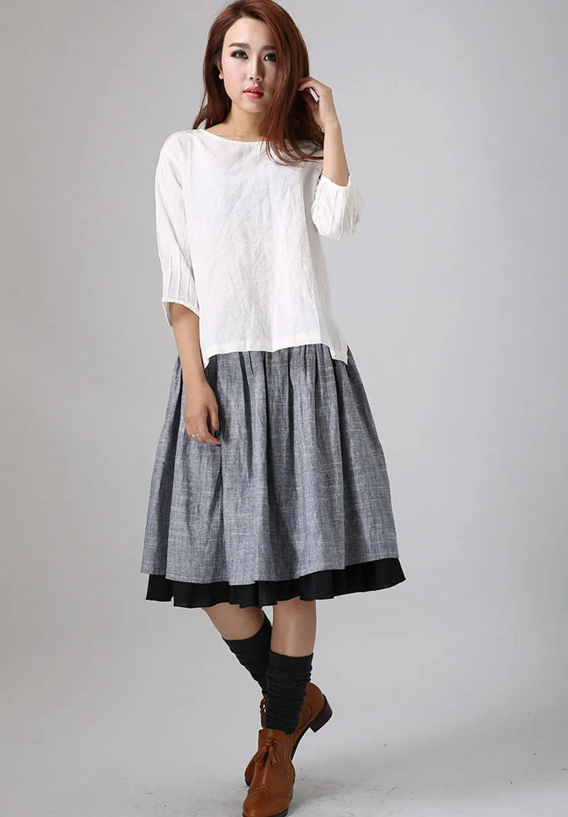 Gray Linen Cotton Blend Midi Skirt - Pleated Waist with Black Layered Hem 777