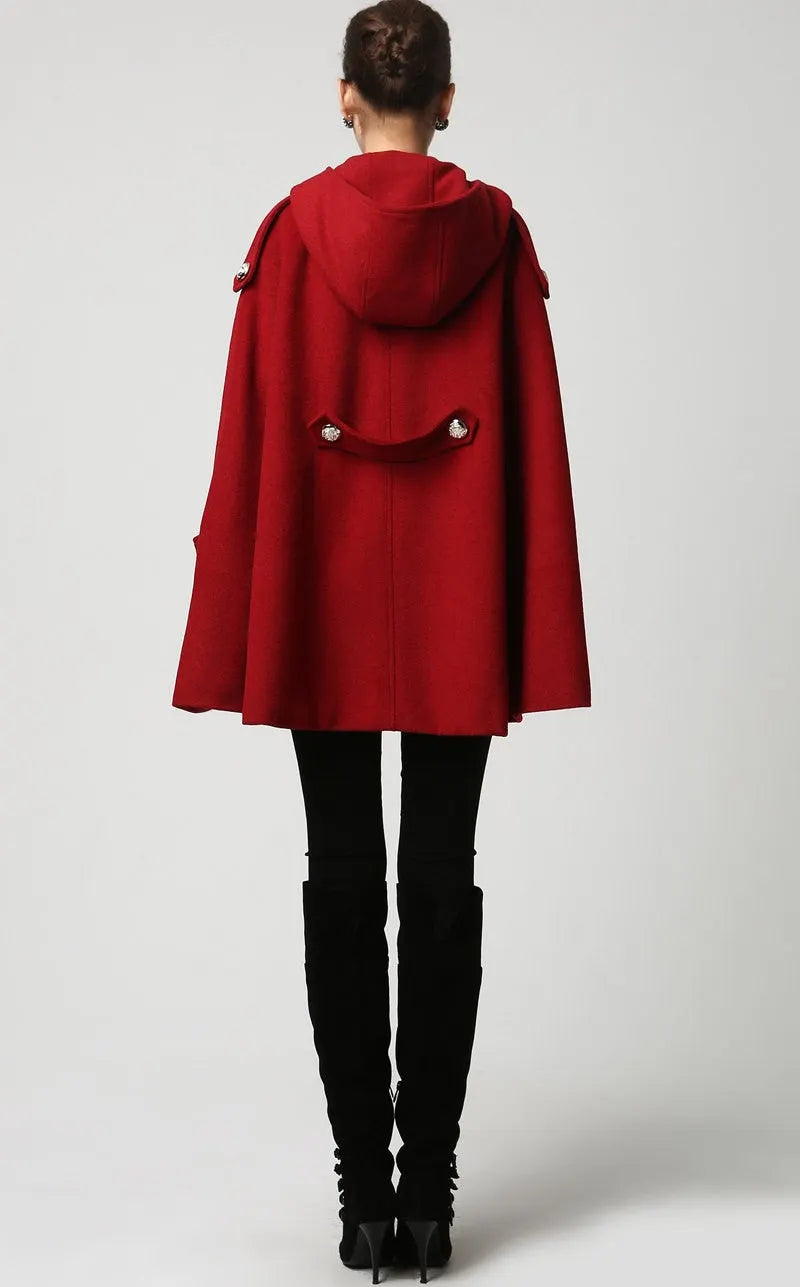 Handmade Wine Red Wool Cape Coat – Hooded Double-Breasted Winter Overcoat 