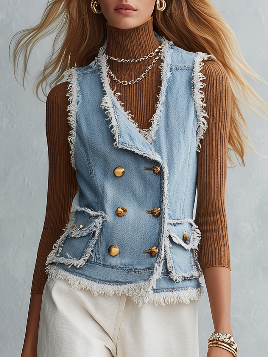 Light Blue Frayed Gold Button Front Denim Vest