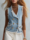 Light Blue Frayed Gold Button Front Denim Vest