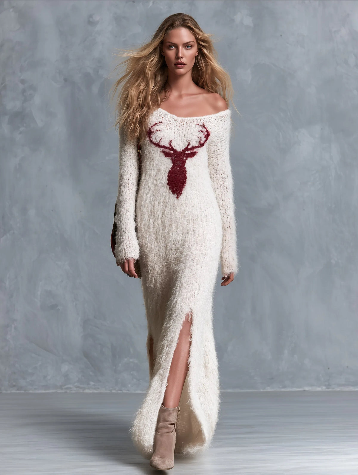 Vintage & Cozy V-Neck Deer Motif Ivory Long Shaggy-Knit Maxi Dress