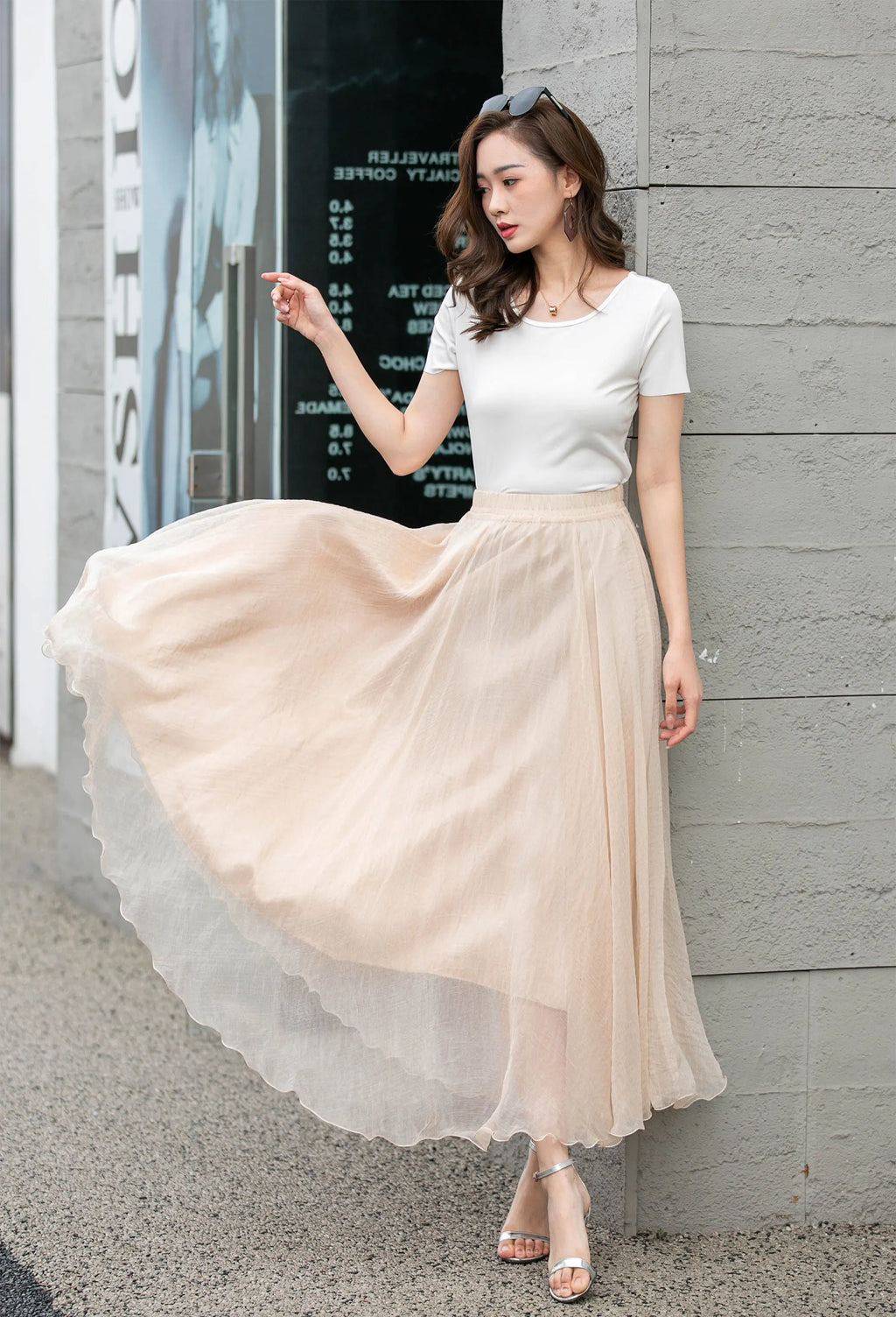 Handmade Beige Chiffon Swing Skirt – Flowing Maxi Circle Skirt 