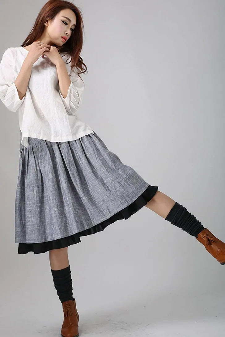Gray Linen Cotton Blend Midi Skirt - Pleated Waist with Black Layered Hem 777