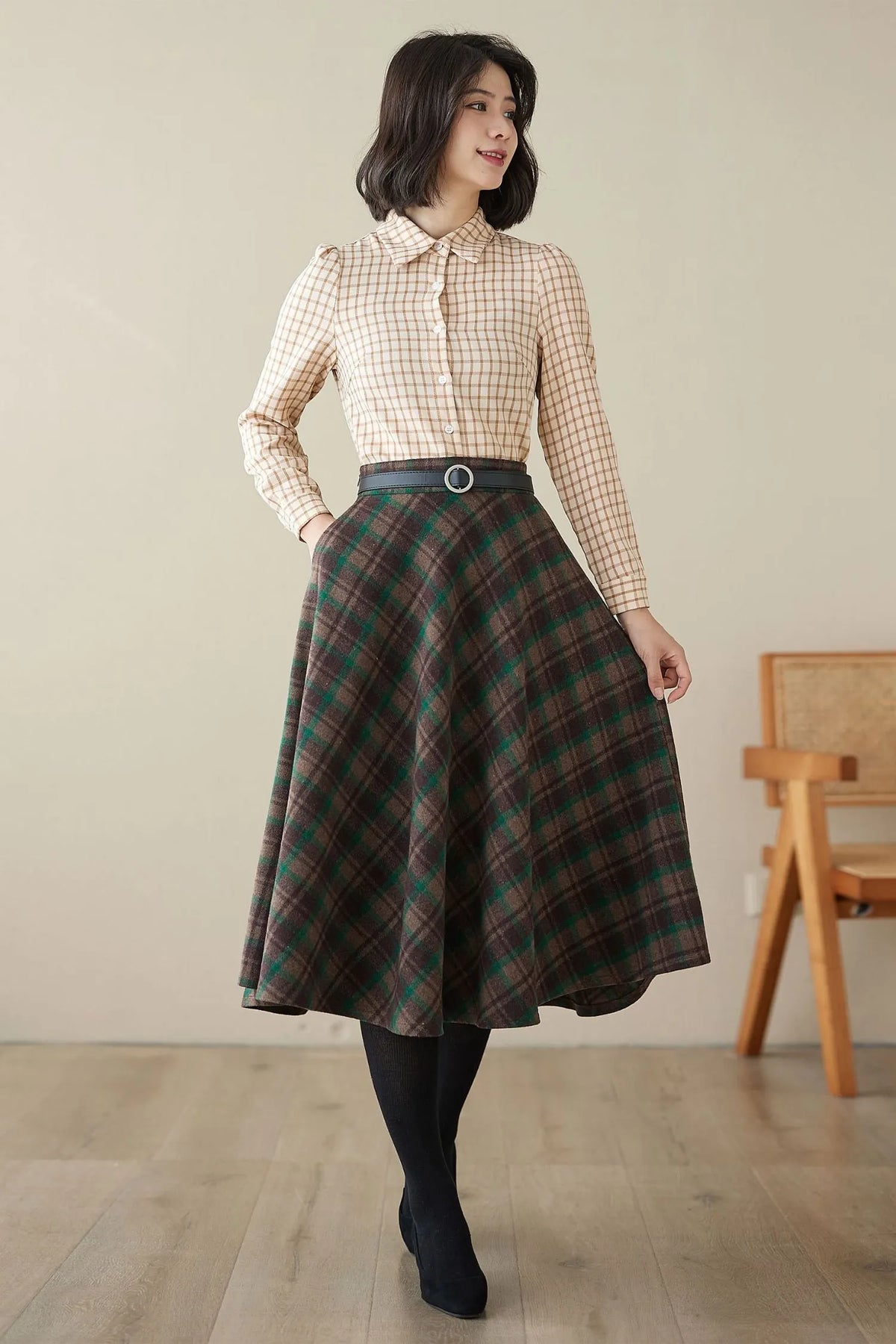 Brown Wool Midi Skirt - High-Waisted A-Line Plaid 4623