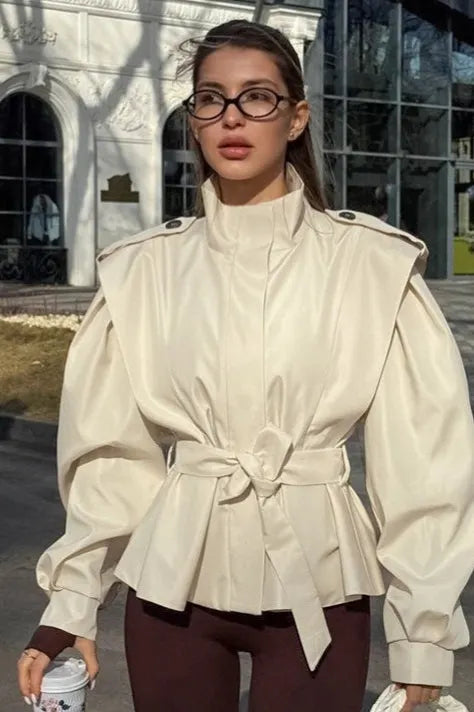Tie-Waist Collared Long-Sleeve Loose Trench Coat