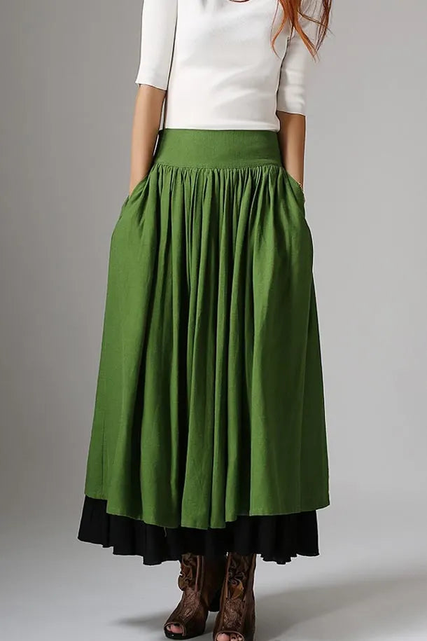 Feminine Linen Maxi Skirt Forest Green – High-Waisted A-Line – 1037