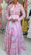 Pink Swirl Print Shirt Maxi Skirt Two‐Piece Set