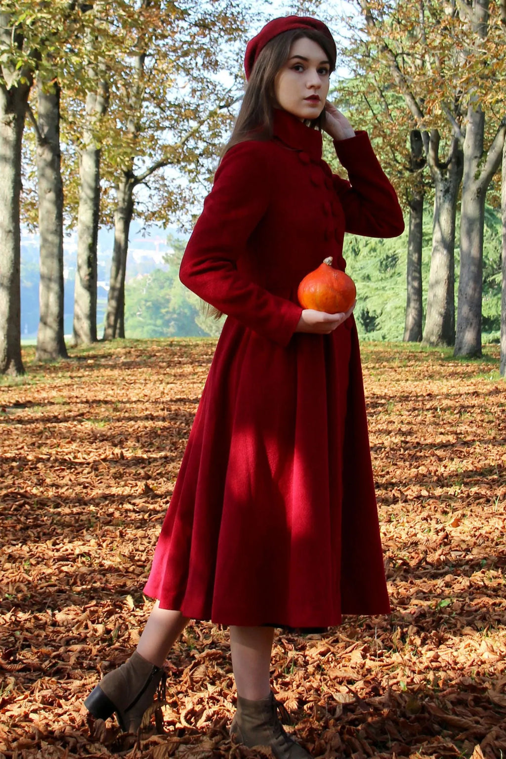 Red Wool Maxi Coat - Vintage Princess Silhouette with Pleated Detail 3219
