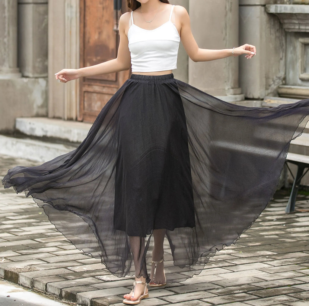 Black Chiffon Maxi Skirt - Elastic Waist, Circle Flowy Silhouette 3692