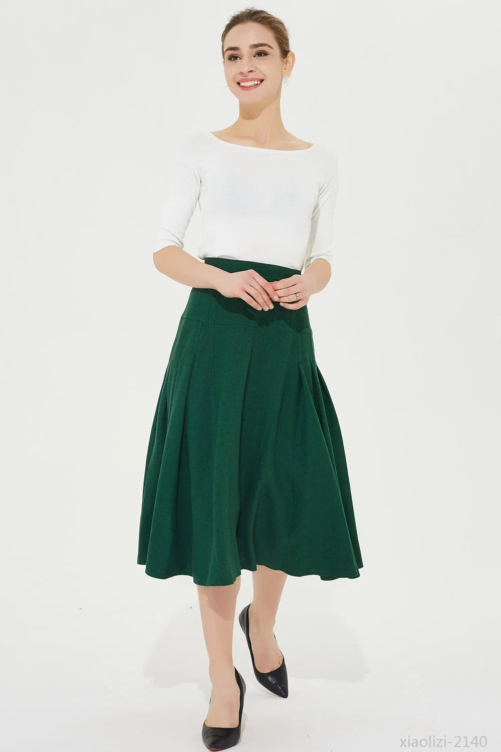 Midi Linen Skirt in Forest Green - High-Waisted Pleated A-Line 2140