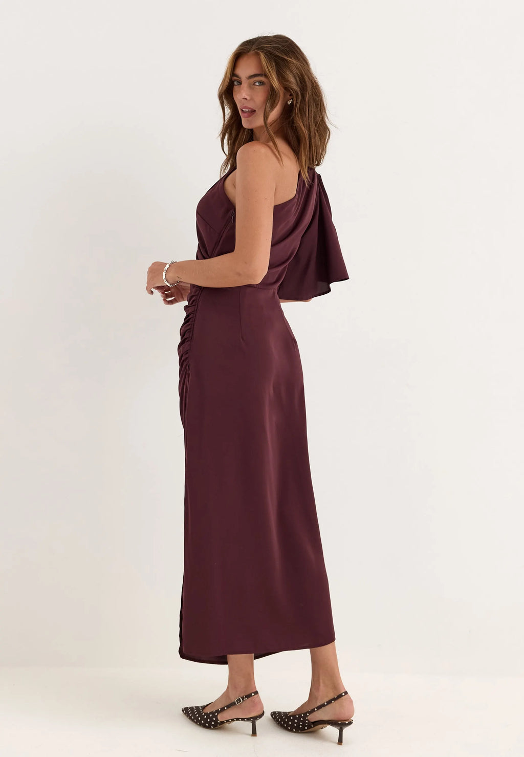 Ruched One Shoulder Midi Dress