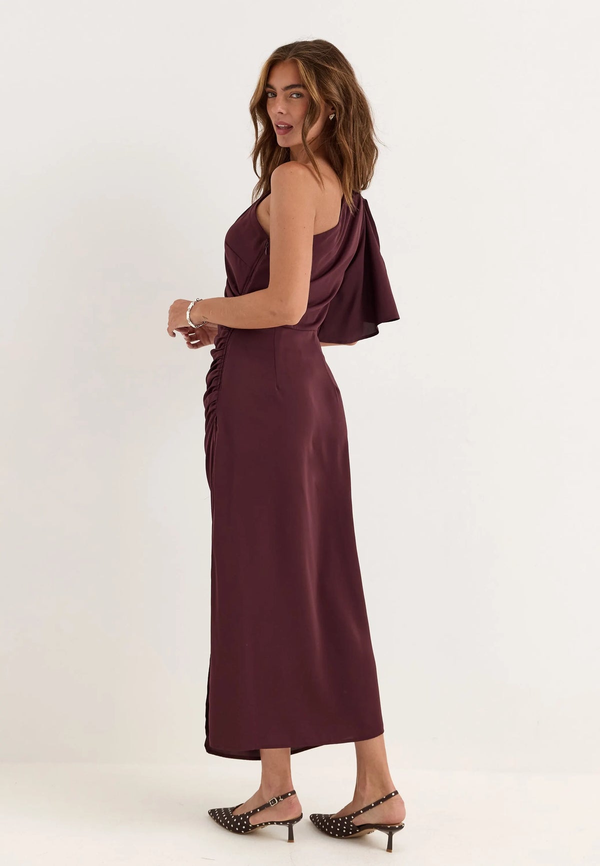 Ruched One Shoulder Midi Dress