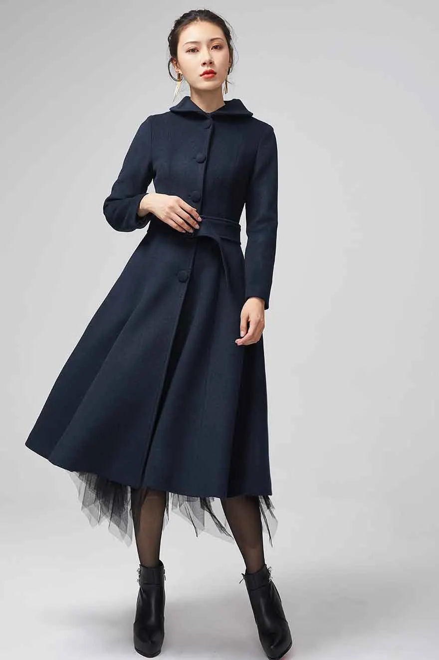 Xiaolizi Navy Fit and Flare Wool Coat for Women – Handmade Belted Vintage Winter Coat 2203