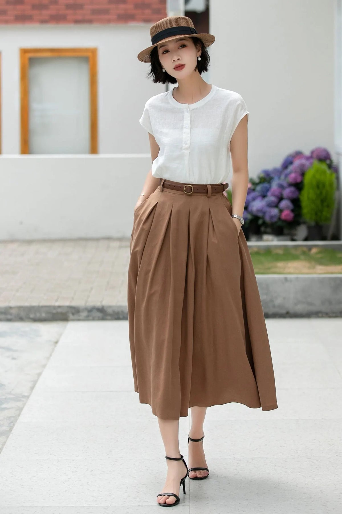 Coffee Linen Midi Skirt - Pleated A-Line with Belt Loops 5982