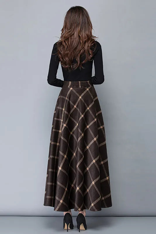 Brown Wool A-Line Maxi Skirt - High Waist with Pockets 3792