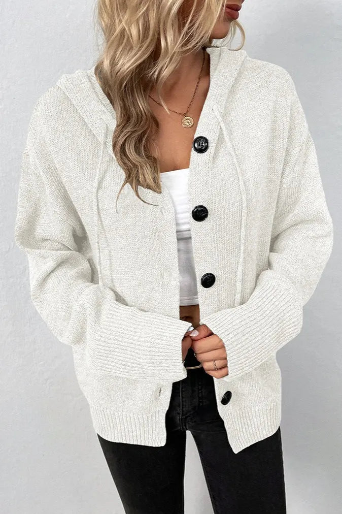 Hooded Drawstring Button Front Knit Cardigan