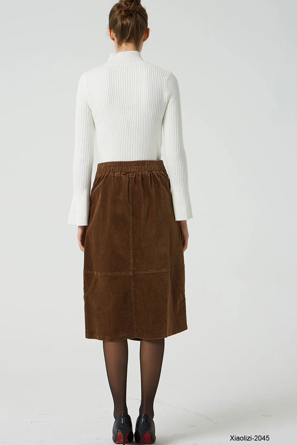Brown Corduroy Knee Length Skirt - A-Line with Elastic Waistband 2045