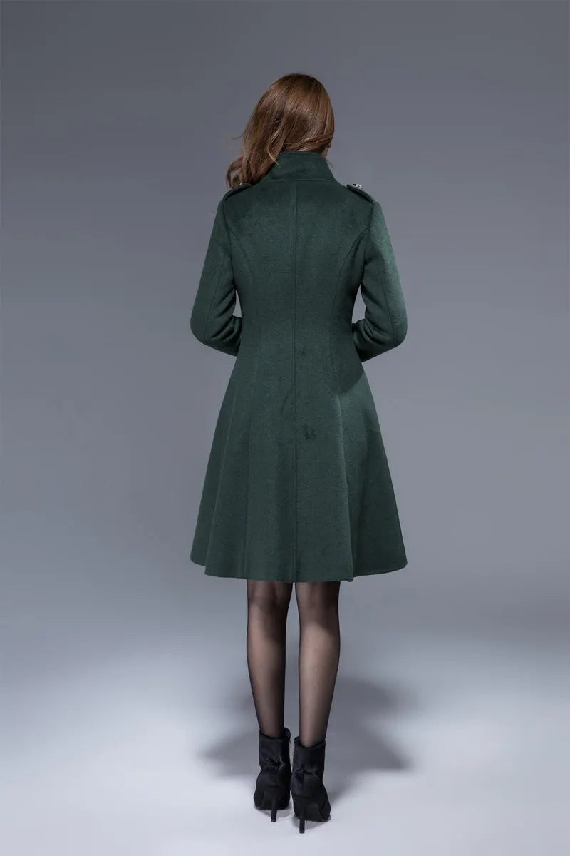 Xiaolizi Dark Green Wool Coat for Women – Handmade Knee-Length Asymmetrical Winter Coat 1821