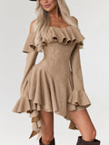 Tan Ruffled Off-Shoulder Mini Dress