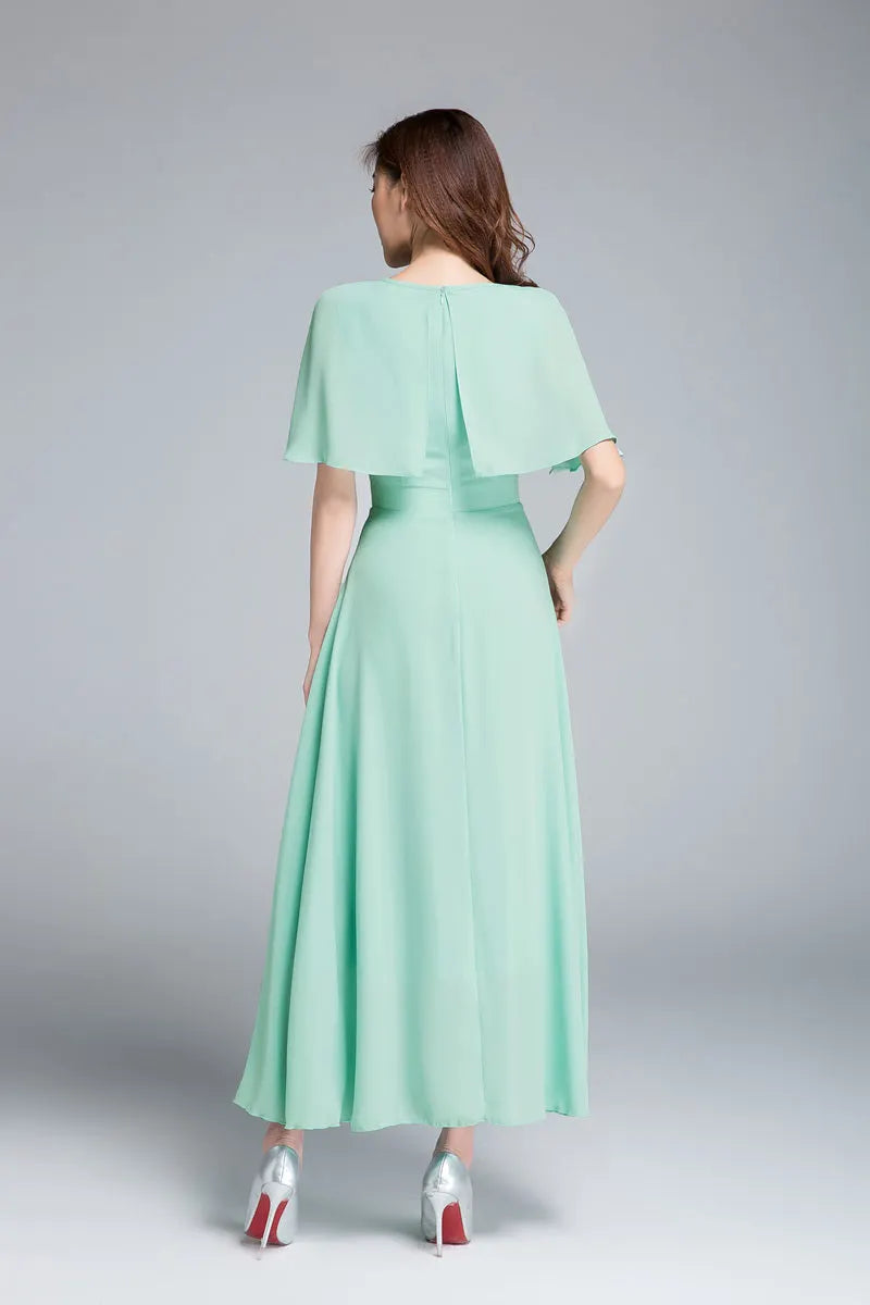 Emerald Green Chiffon Dress - Fitted Waist A-Line with Cape 1768