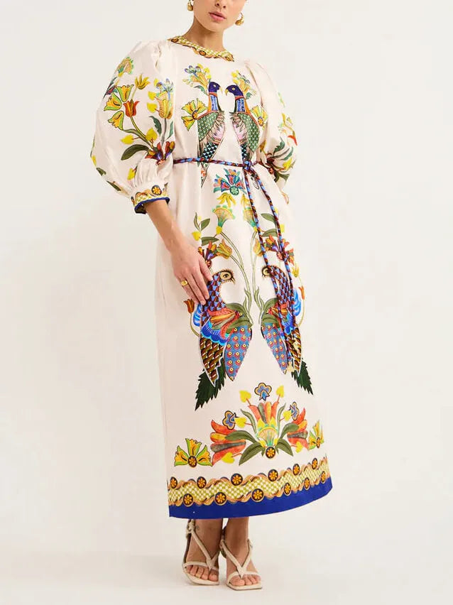 Exquisite And Fun Printed Puff Trendy Sleeves Loose Casual Midi Dress