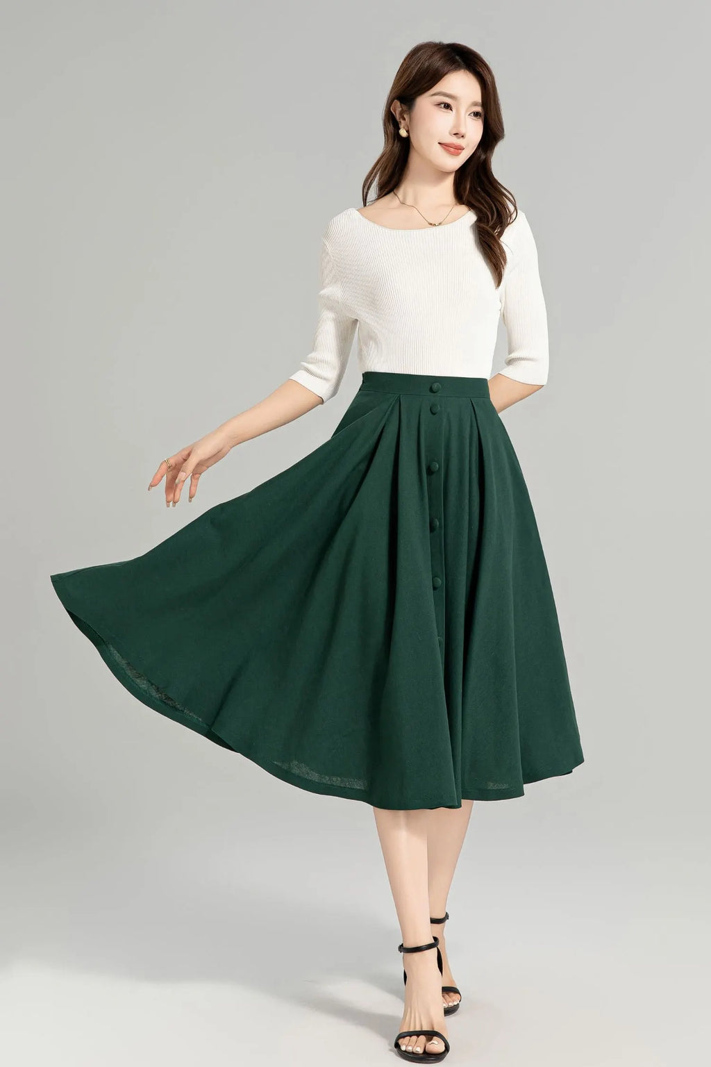 Dark Green Linen-Cotton Midi Skirt - A-Line Silhouette, Button-Down Detail 4963