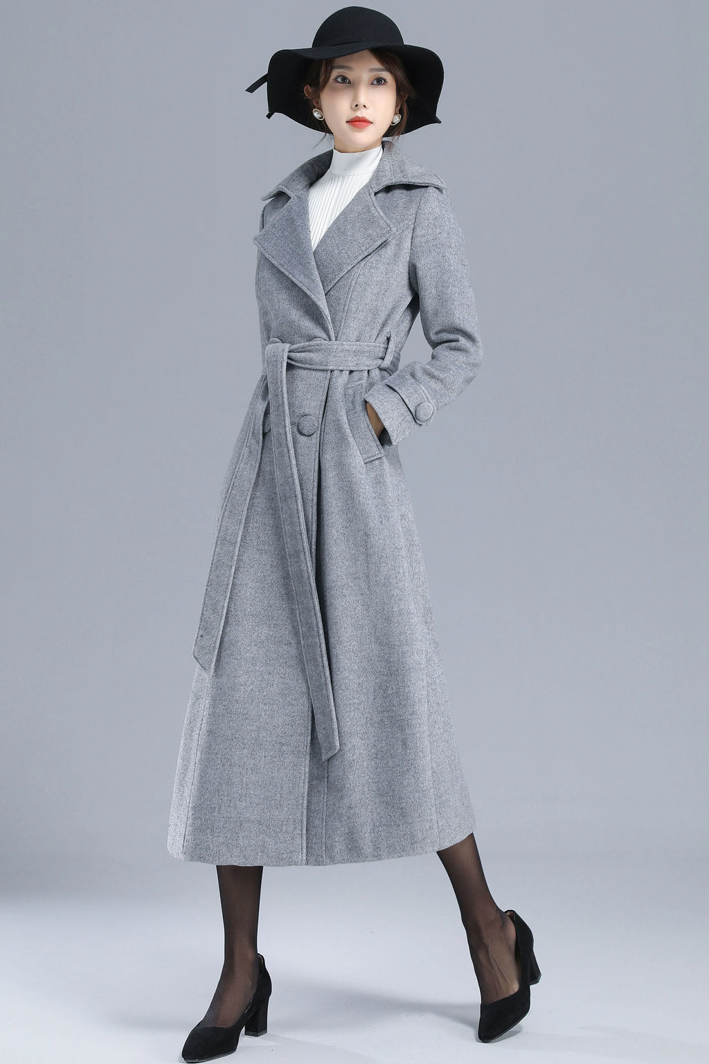 Gray Wool Belted Coat - Double Breasted, Mid-Calf Length 3209