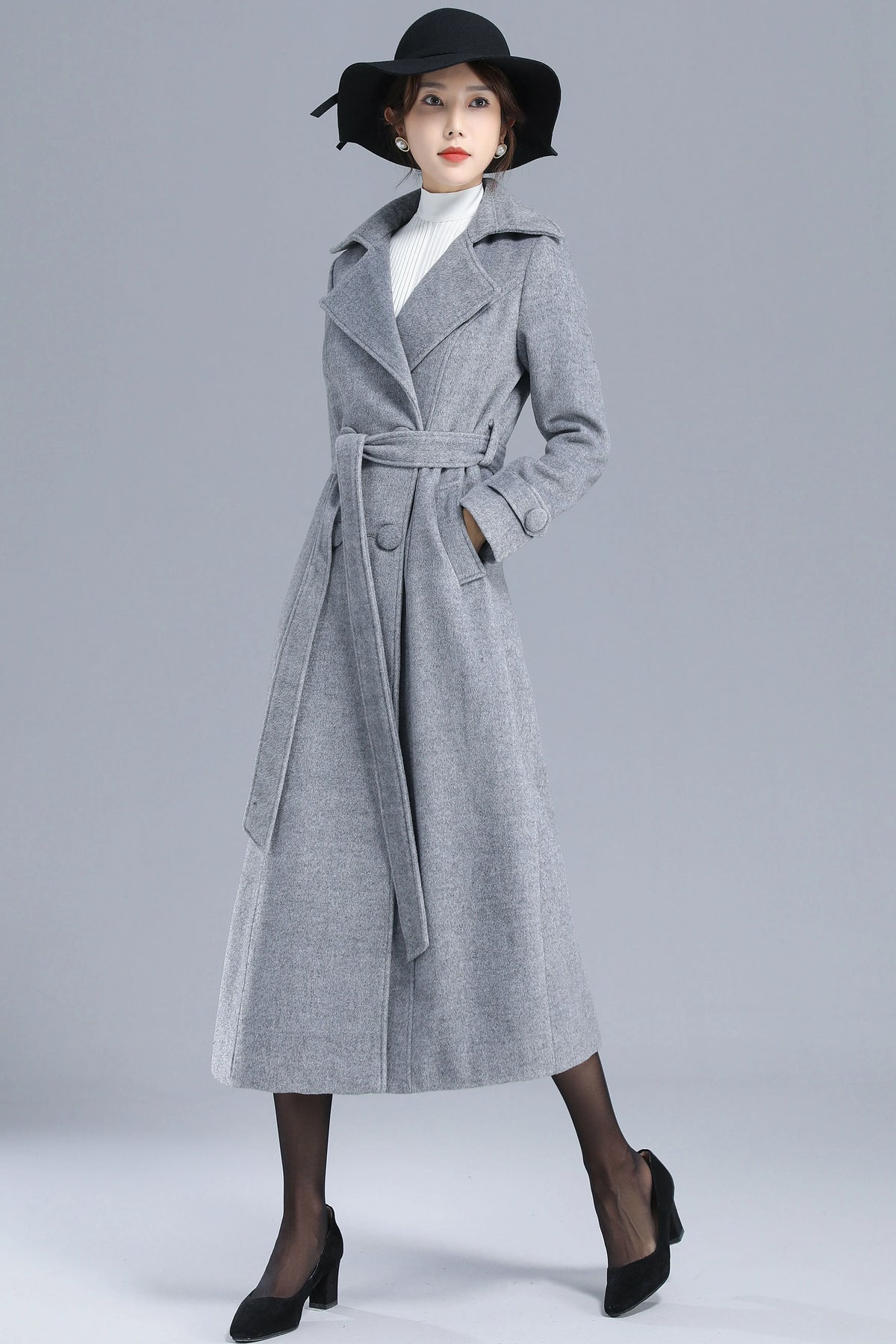 Gray Wool Belted Coat - Double Breasted, Mid-Calf Length 3209