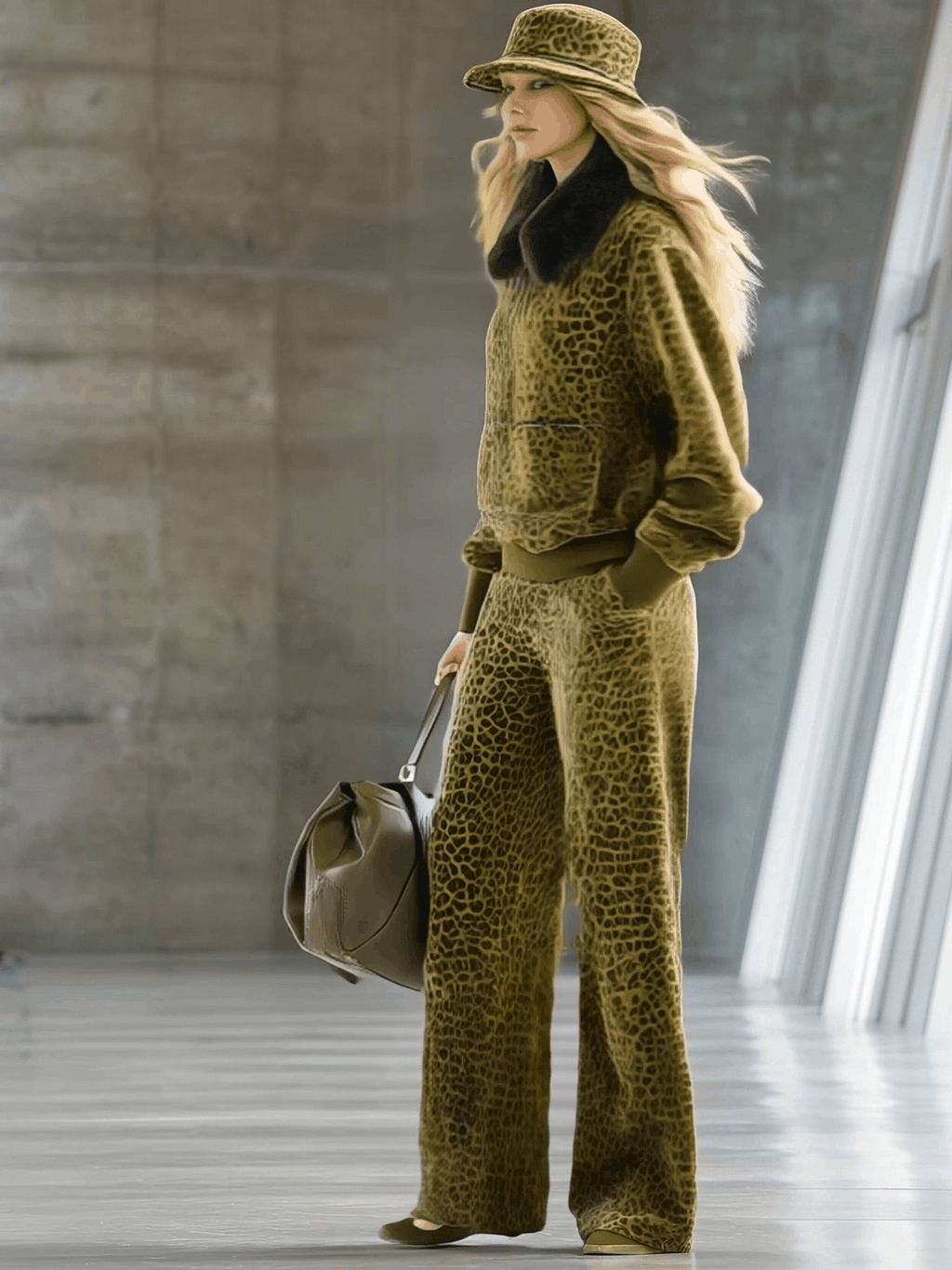 High-end Fashionable Leopard Print Velvet Faux Fur Collar Sweatshirt Wide-leg Pants Suit