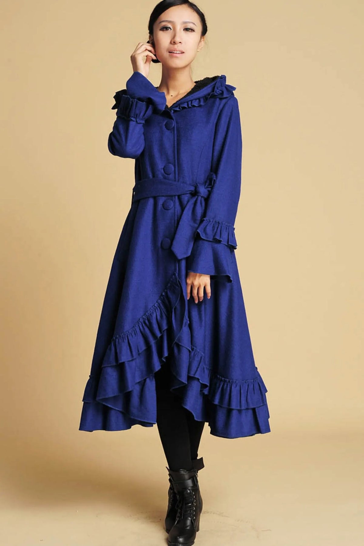 Royal Blue Wool Maxi Coat – Hooded Winter Overcoat with Ruffle Hem 380