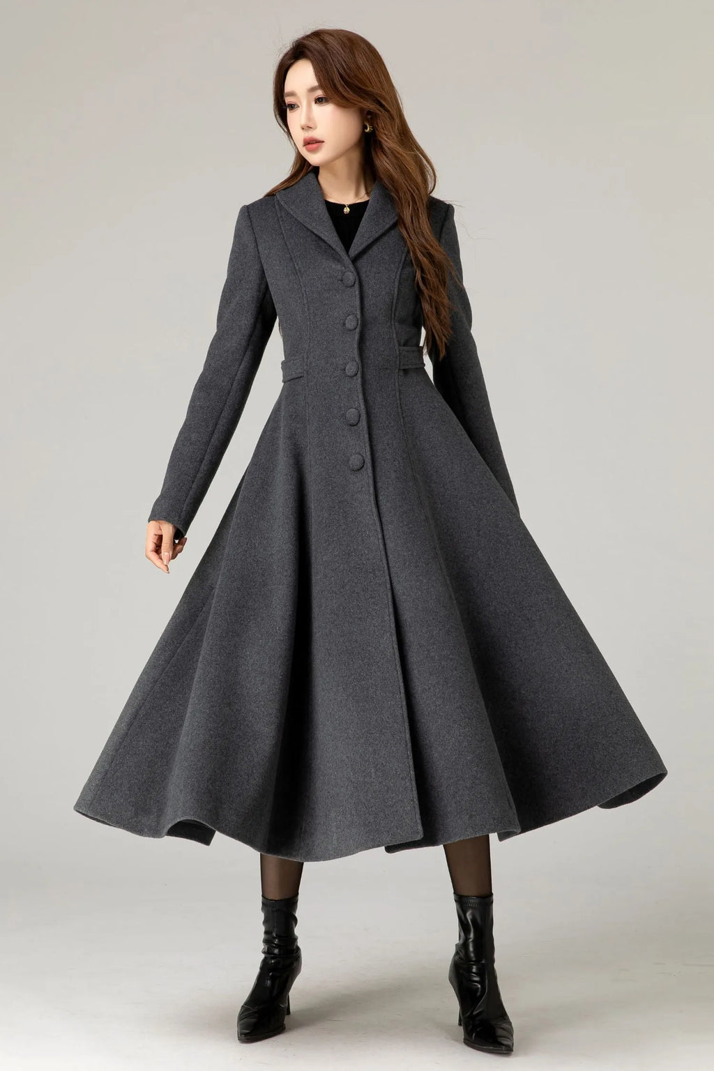 Handmade Charcoal Grey Wool Coat – Vintage Tailored A-line Long Winter Overcoat 